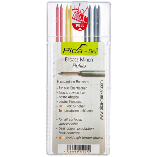 Pica Dry Water-Soluble Lead Refills 4020 Pack Of 8 (4 X Graphite, 2 X Yellow, 2 X Red)